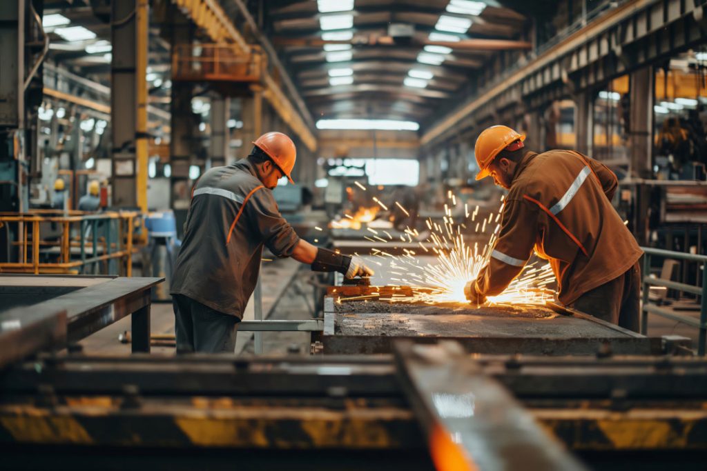 Two industrial workers wearing protective gear are cutting steel metal fabrication workshop creating shower sparks 1024x683
