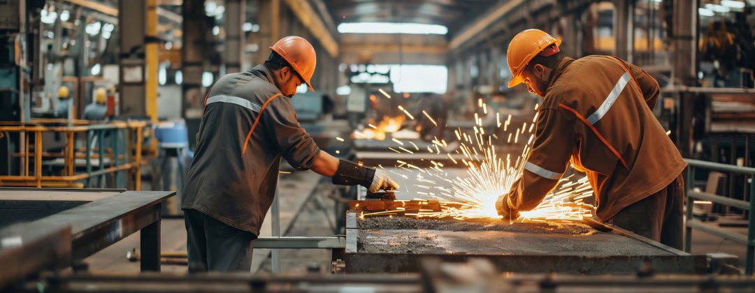 two-industrial-workers-wearing-protective-gear-are-cutting-steel-metal-fabrication-workshop-creating-shower-sparks